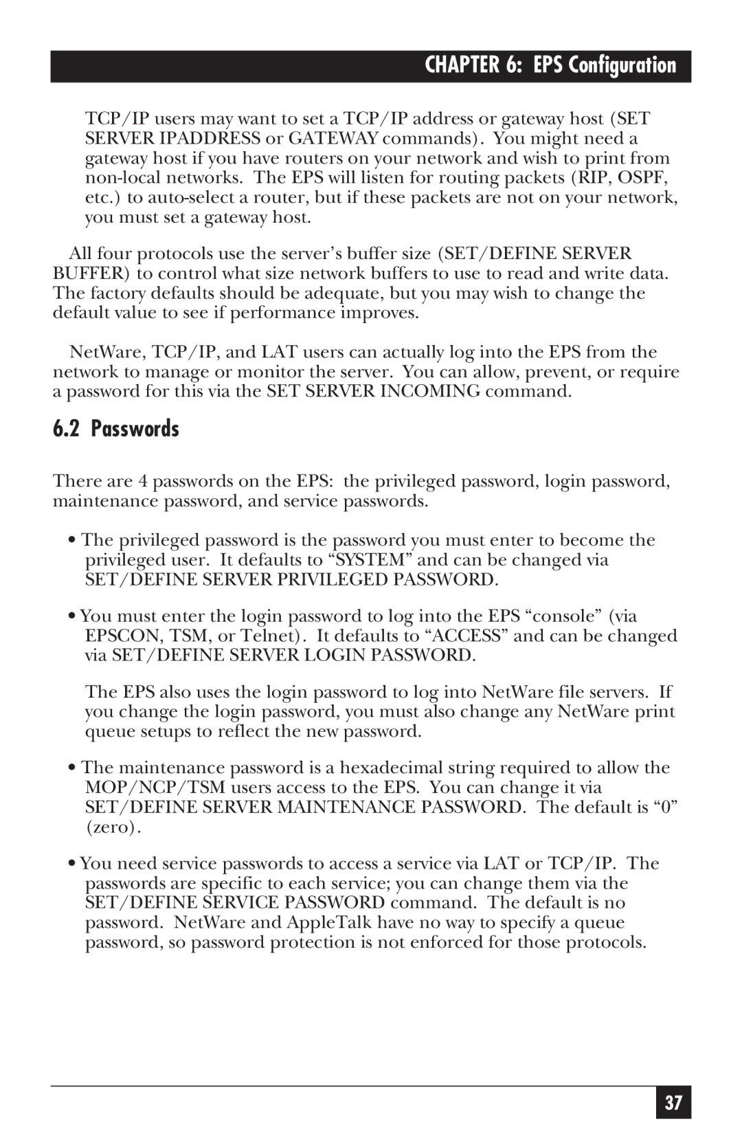 Black Box LE3700A-R2 manual Passwords, EPS Configuration 