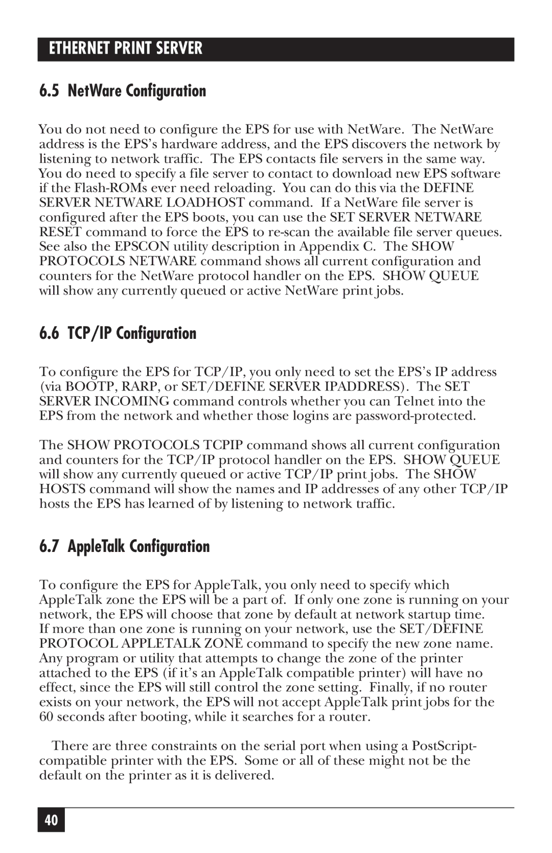 Black Box LE3700A-R2 manual NetWare Configuration, TCP/IP Configuration, AppleTalk Configuration 