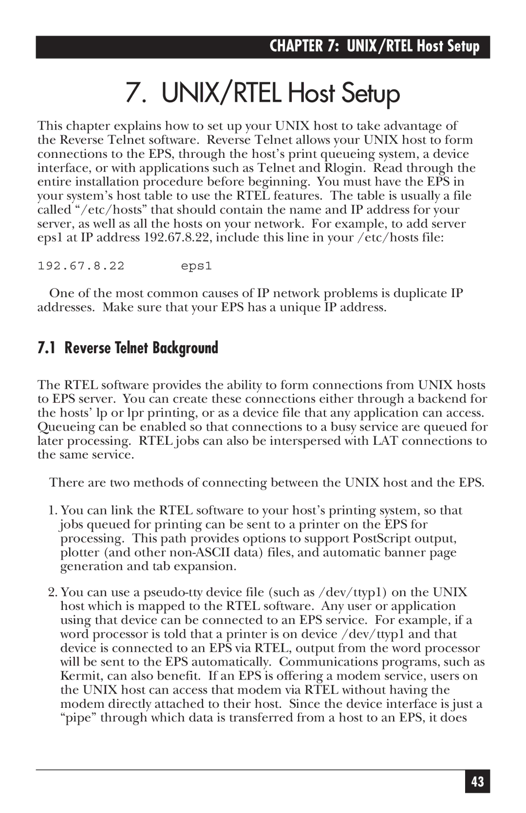 Black Box LE3700A-R2 manual UNIX/RTEL Host Setup, Reverse Telnet Background 