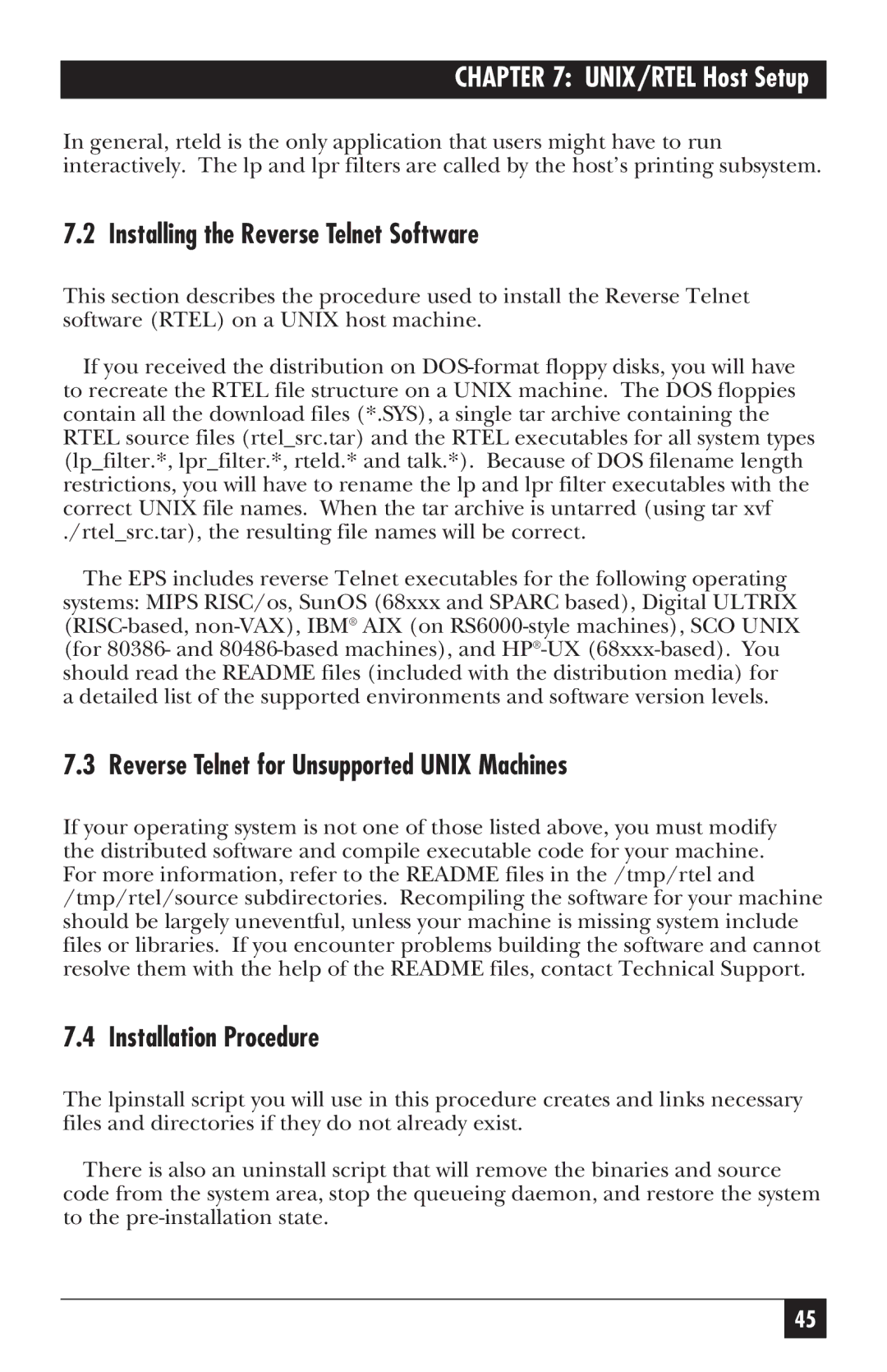 Black Box LE3700A-R2 manual Installing the Reverse Telnet Software, Reverse Telnet for Unsupported Unix Machines 