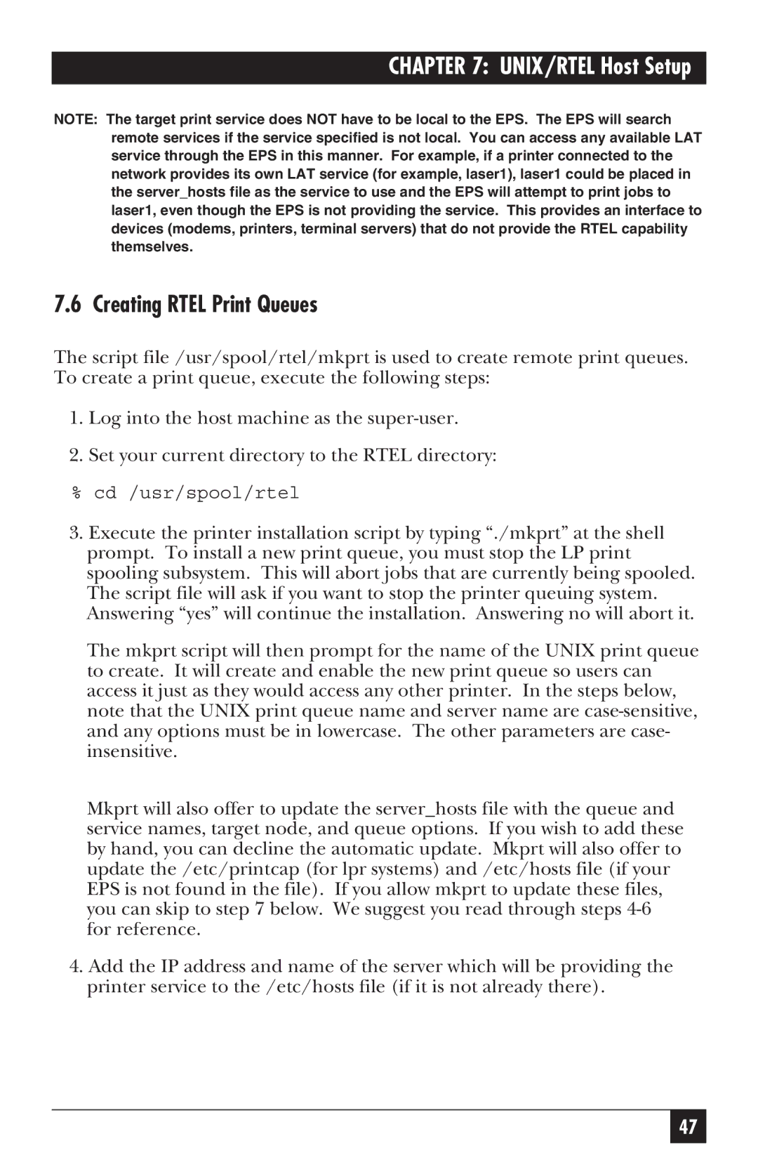 Black Box LE3700A-R2 manual Creating Rtel Print Queues 