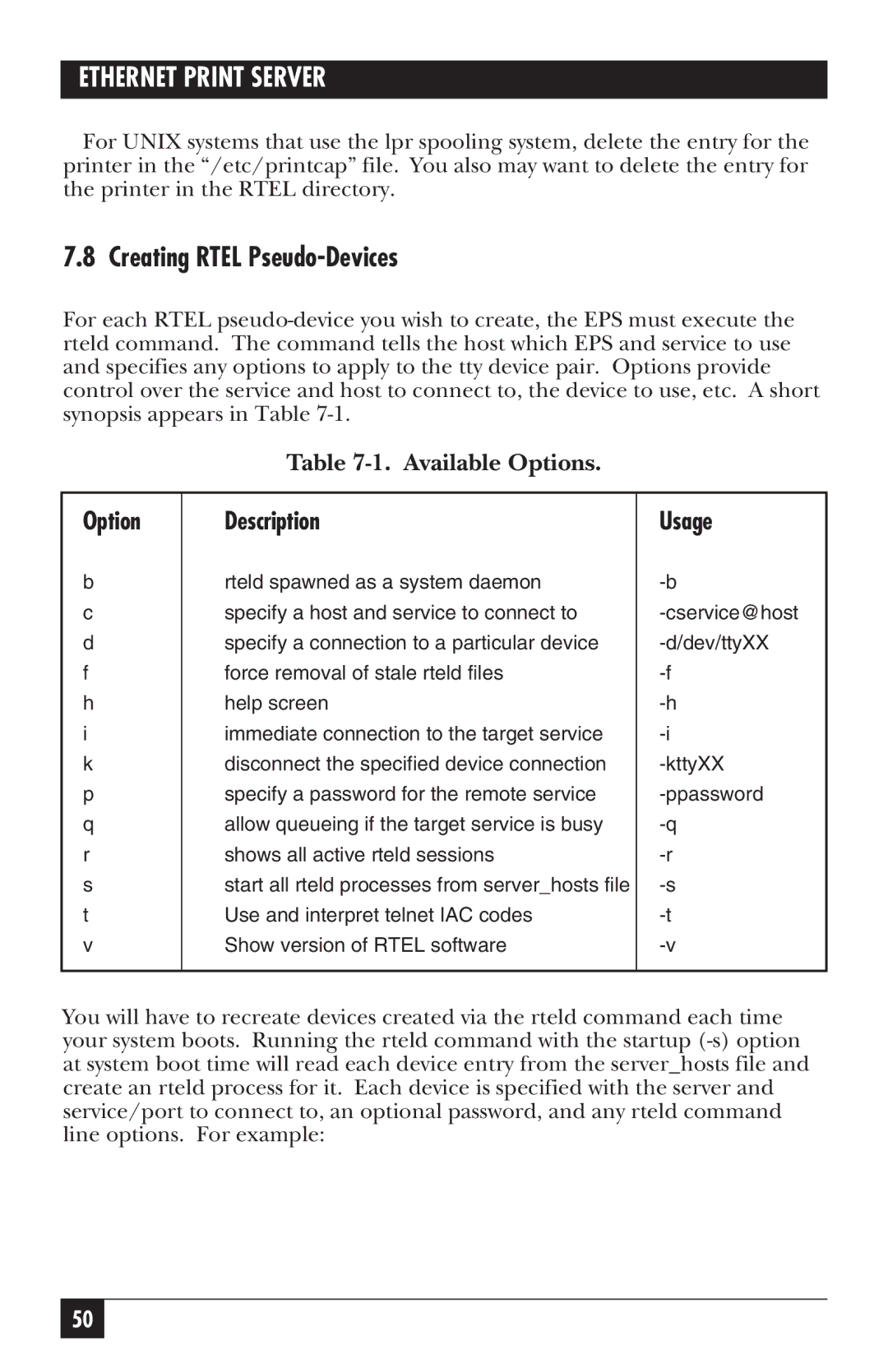 Black Box LE3700A-R2 manual Creating Rtel Pseudo-Devices, Option Description Usage 