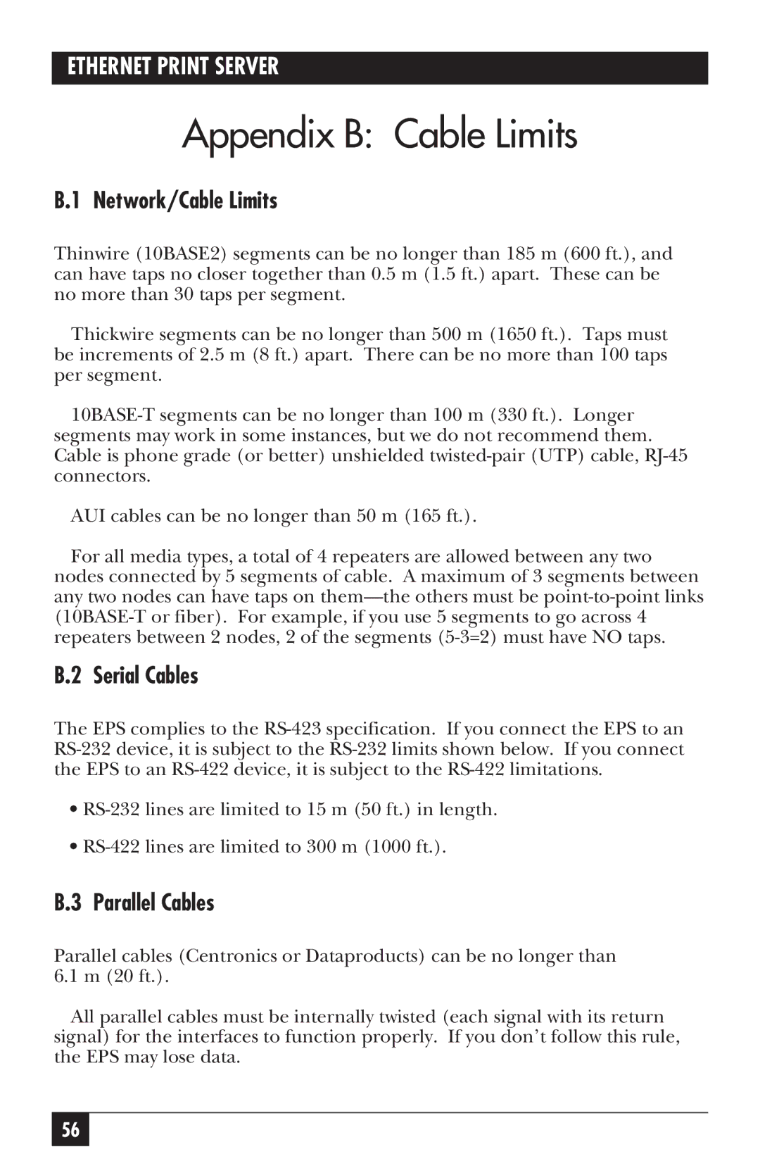 Black Box LE3700A-R2 manual Appendix B Cable Limits, Network/Cable Limits, Serial Cables, Parallel Cables 