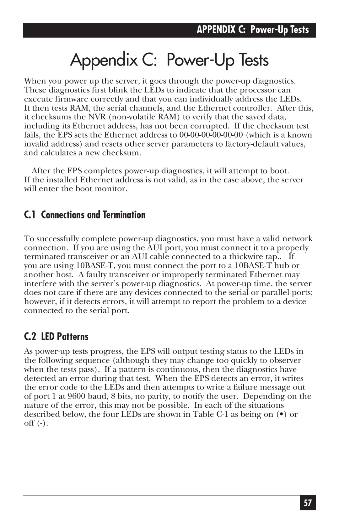 Black Box LE3700A-R2 manual Appendix C Power-Up Tests, Connections and Termination, LED Patterns 