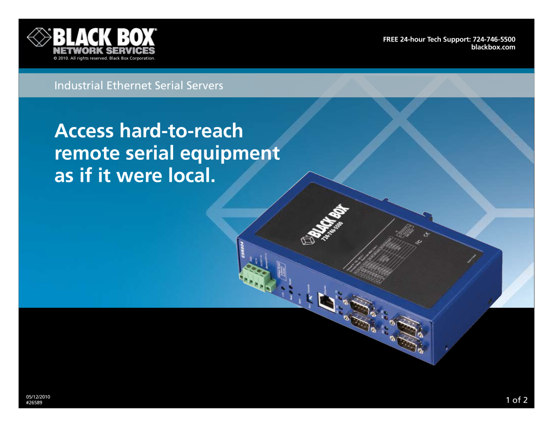 Black Box LES404A, LES402A, LES401A manual 1 of, Industrial Ethernet Serial Servers, 05/12/2010 #26589 