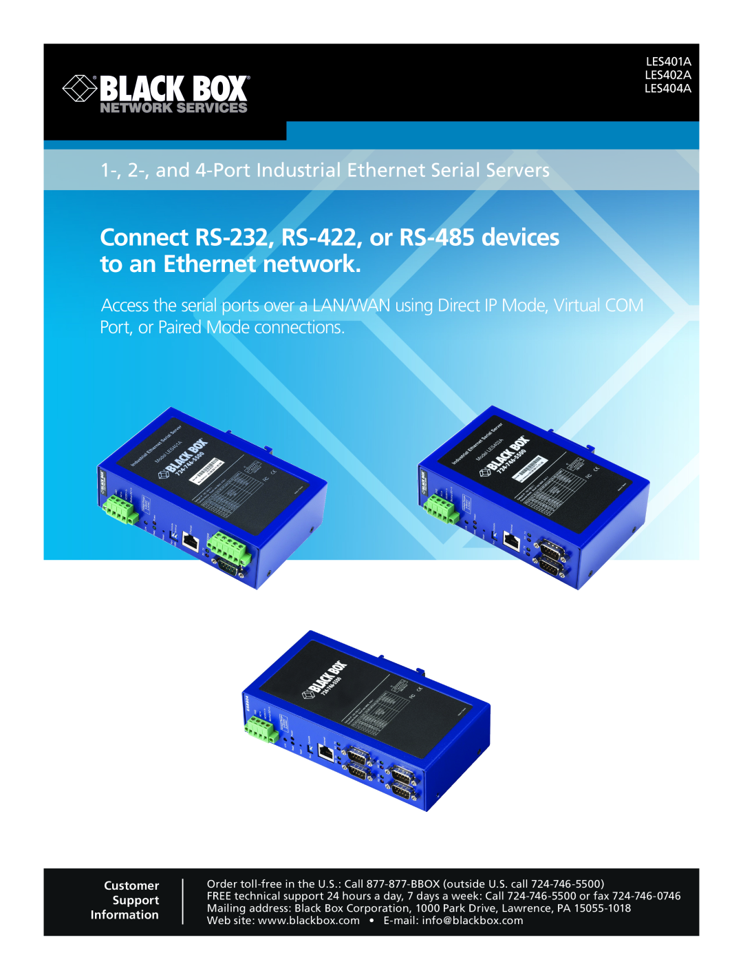 Black Box manual Connect RS-232, RS-422, or RS-485 devices to an Ethernet network, LES401A LES402A LES404A 