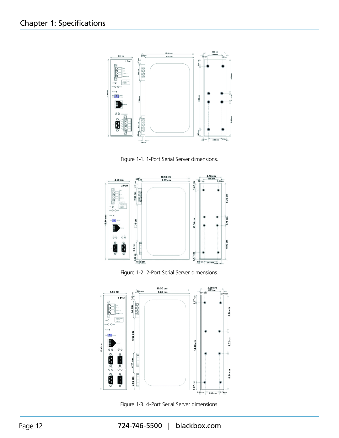 Black Box LES402A, LES404A Specifications, Page, 1. 1-Port Serial Server dimensions, 2. 2-Port Serial Server dimensions 