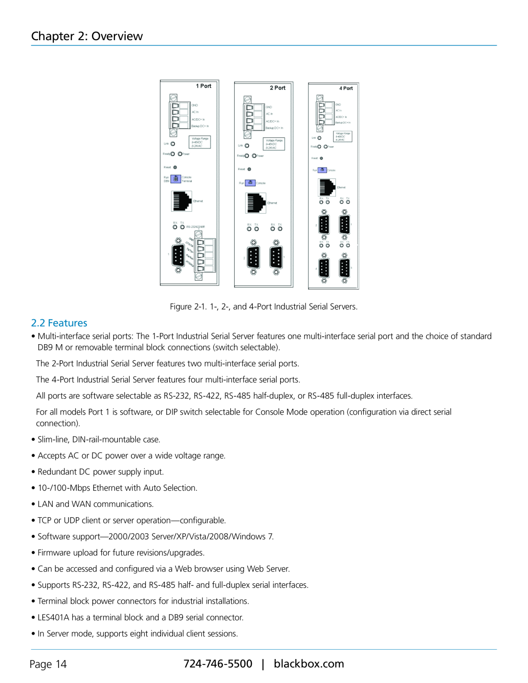Black Box LES401A, LES402A, LES404A, 1-, 2-, and 4-Port Industrial Ethernet Serial Servers manual Features, Overview, Page 