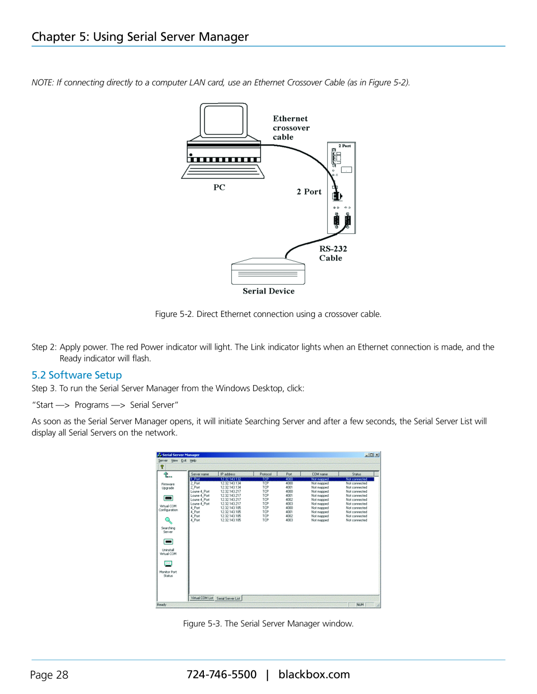 Black Box LES402A, LES404A, LES401A manual Software Setup, Using Serial Server Manager, Page 