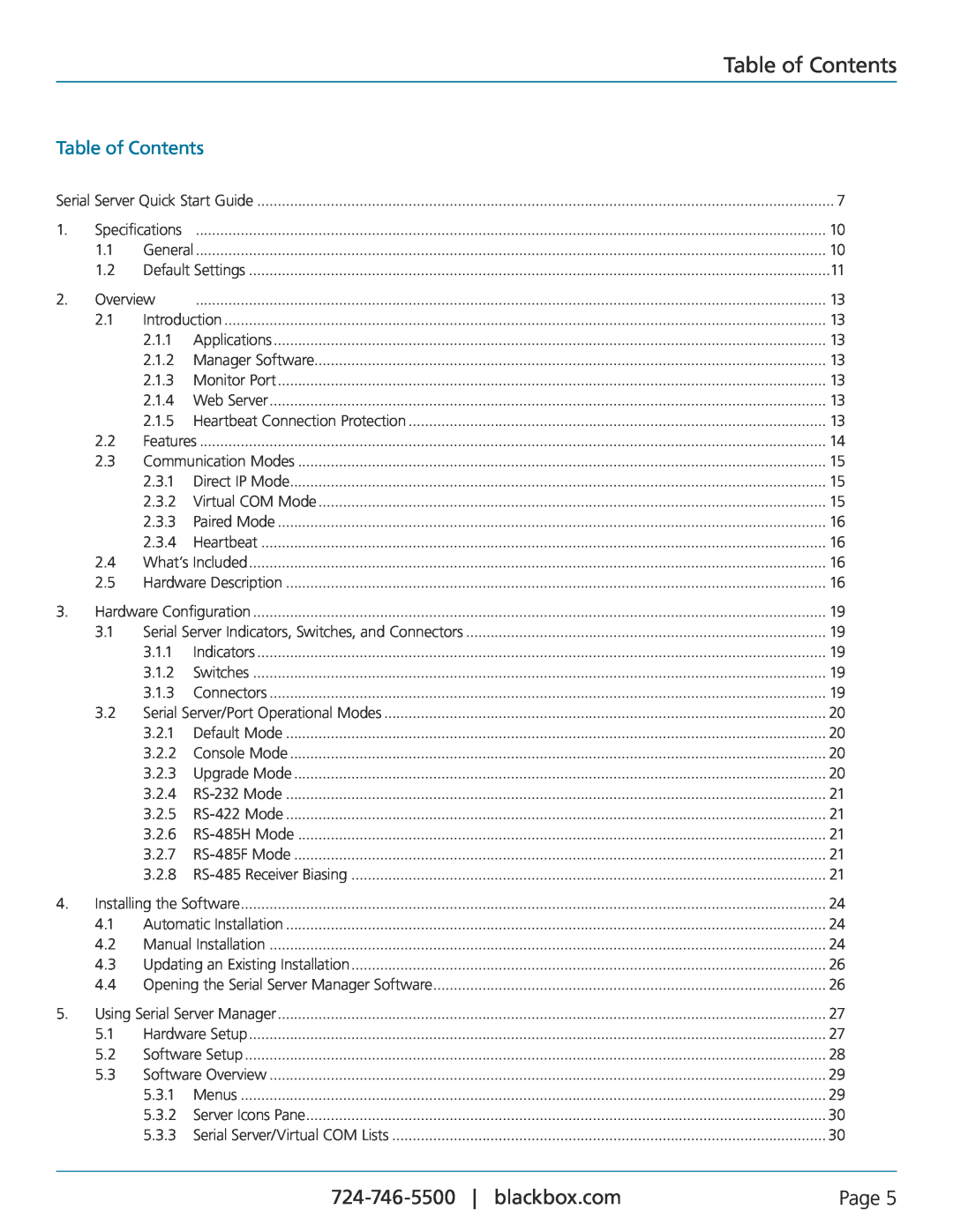 Black Box LES404A, LES402A, LES401A, 1-, 2-, and 4-Port Industrial Ethernet Serial Servers manual Table of Contents, Page 