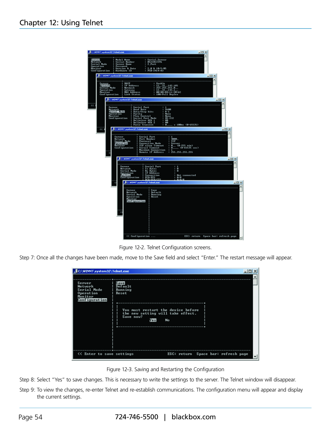Black Box LES401A, LES402A, LES404A manual Using Telnet, Page, 2. Telnet Configuration screens 