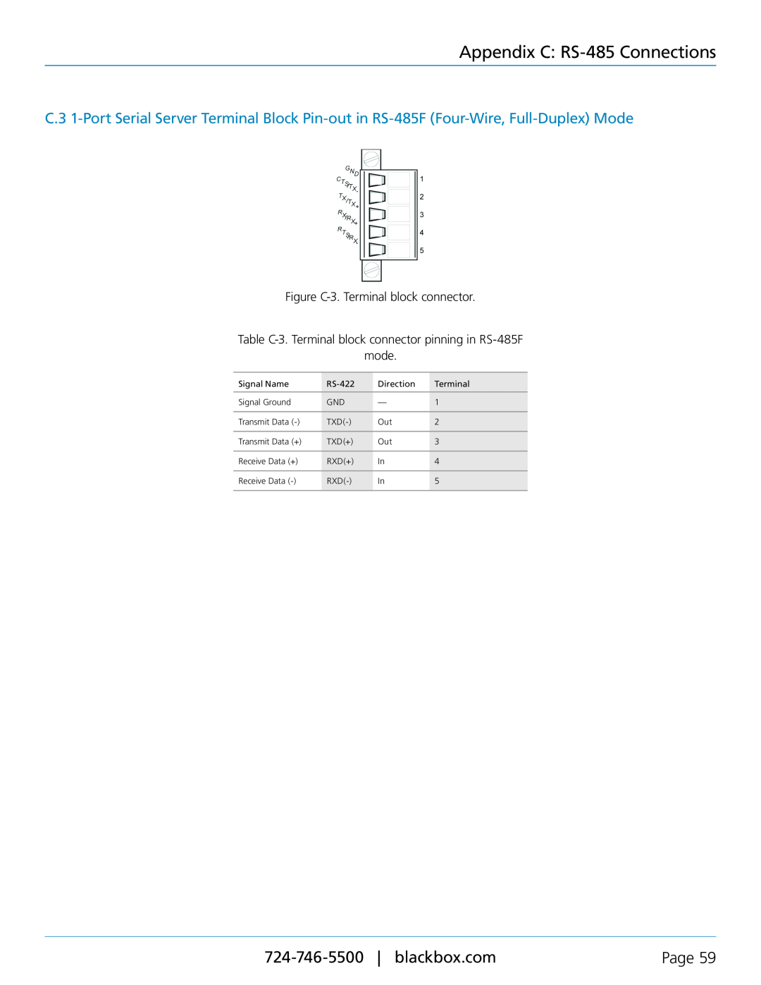 Black Box 1-, 2-, and 4-Port Industrial Ethernet Serial Servers, LES402A, LES404A manual Appendix C RS-485 Connections, Page 