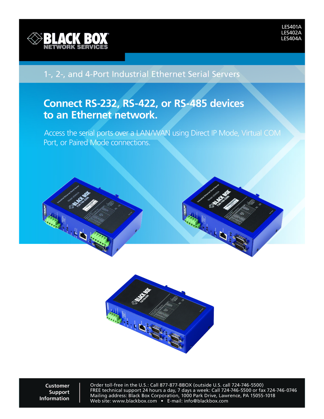 Black Box LES404A, LES402A, LES401A manual Port Industrial Ethernet Serial Servers 