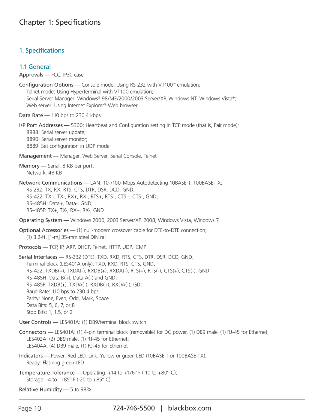 Black Box LES401A, LES402A, LES404A, 1-, 2-, and 4-Port Industrial Ethernet Serial Servers manual Specifications General 