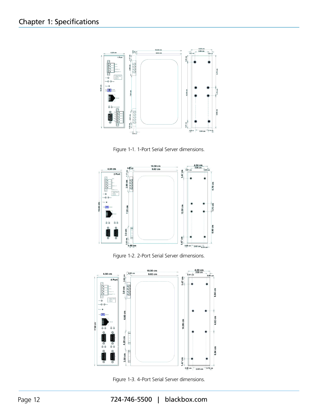 Black Box LES402A, LES404A, LES401A, 1-, 2-, and 4-Port Industrial Ethernet Serial Servers Port Serial Server dimensions 