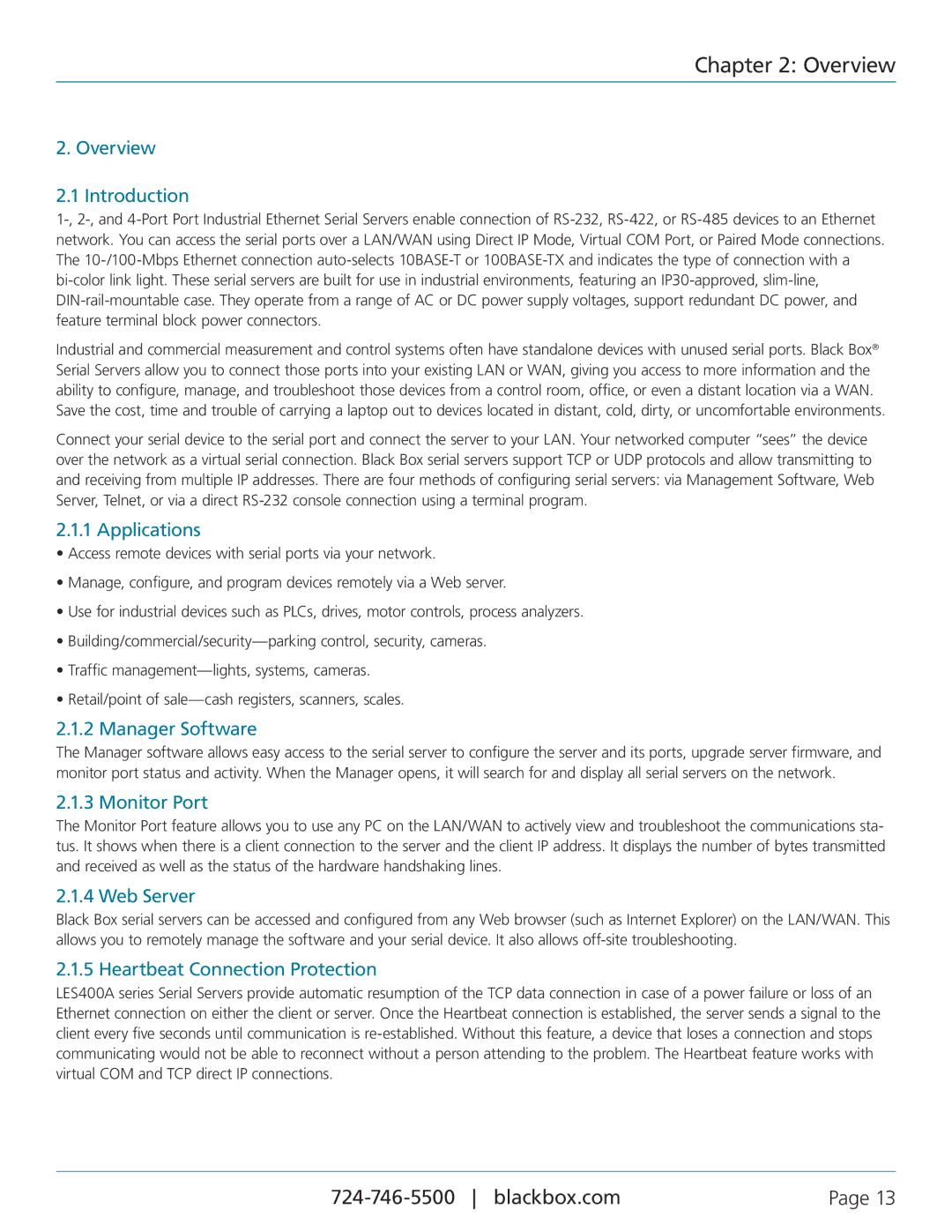 Black Box LES404A, LES402A, LES401A, 1-, 2-, and 4-Port Industrial Ethernet Serial Servers manual Overview 