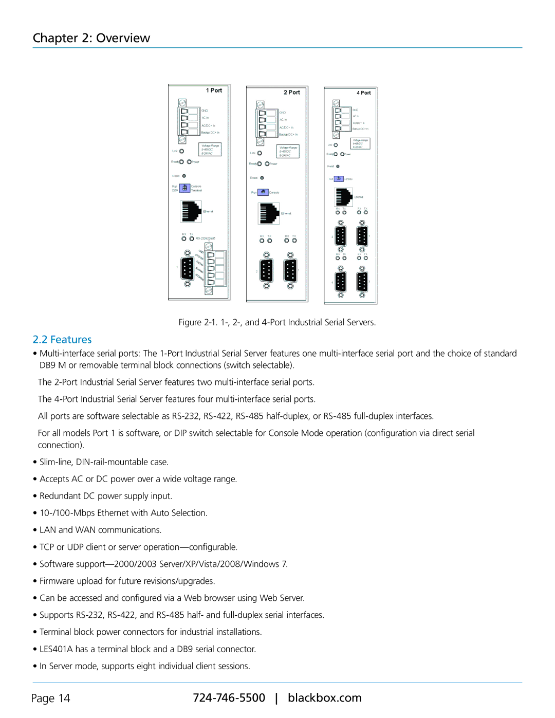 Black Box LES401A, LES402A, LES404A manual Features, 2-, and 4-Port Industrial Serial Servers 