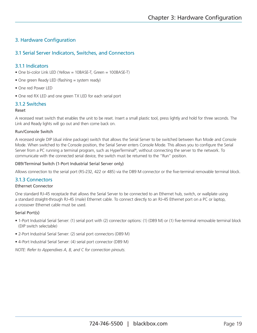 Black Box 1-, 2-, and 4-Port Industrial Ethernet Serial Servers, LES402A manual Hardware Configuration, Switches, Connectors 