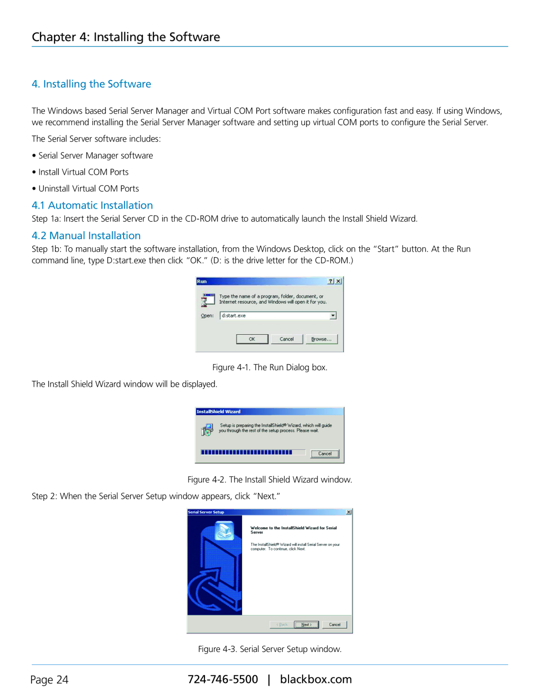 Black Box LES402A, LES404A, LES401A manual Installing the Software, Automatic Installation, Manual Installation 