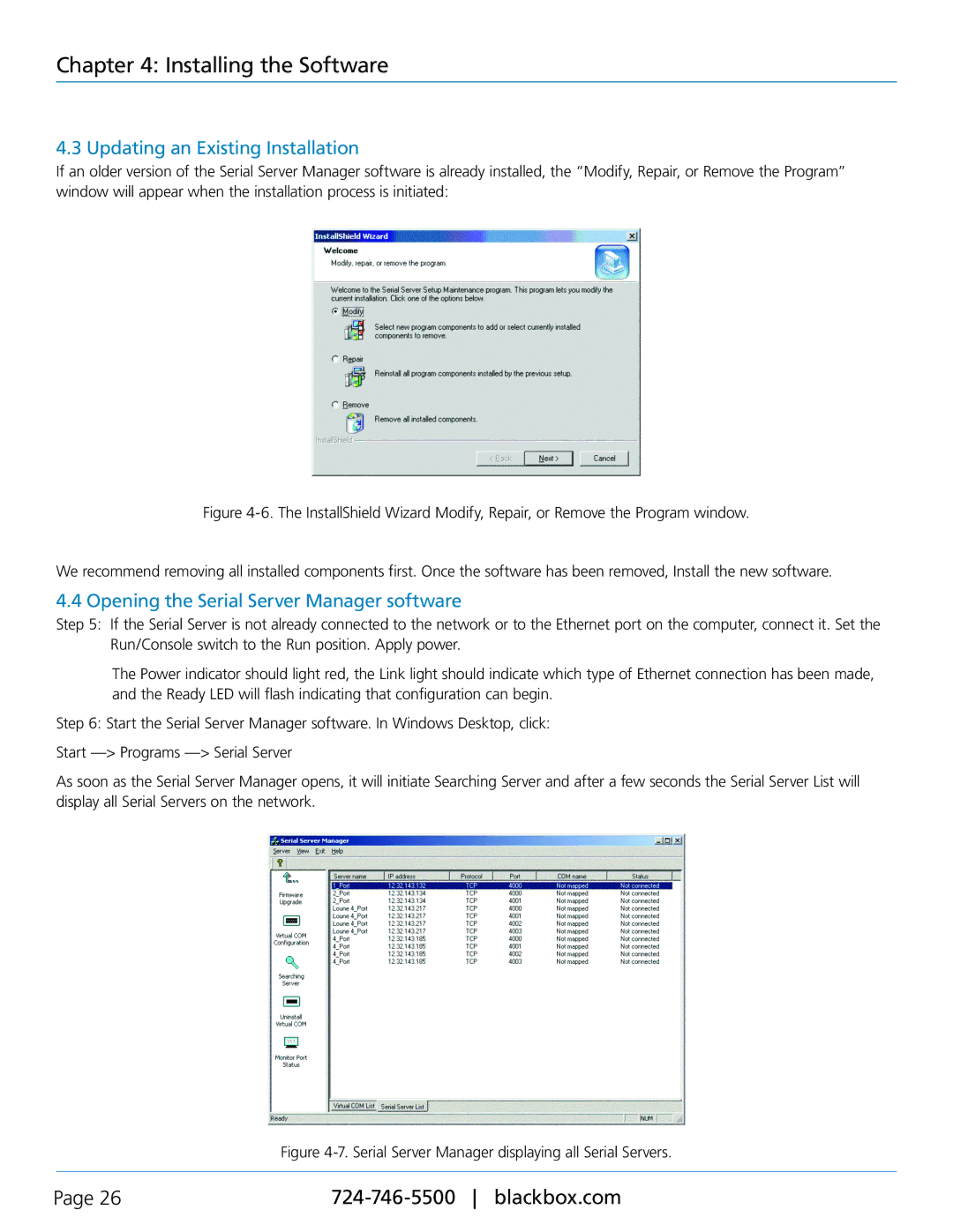 Black Box LES401A, LES402A, LES404A manual Updating an Existing Installation, Opening the Serial Server Manager software 