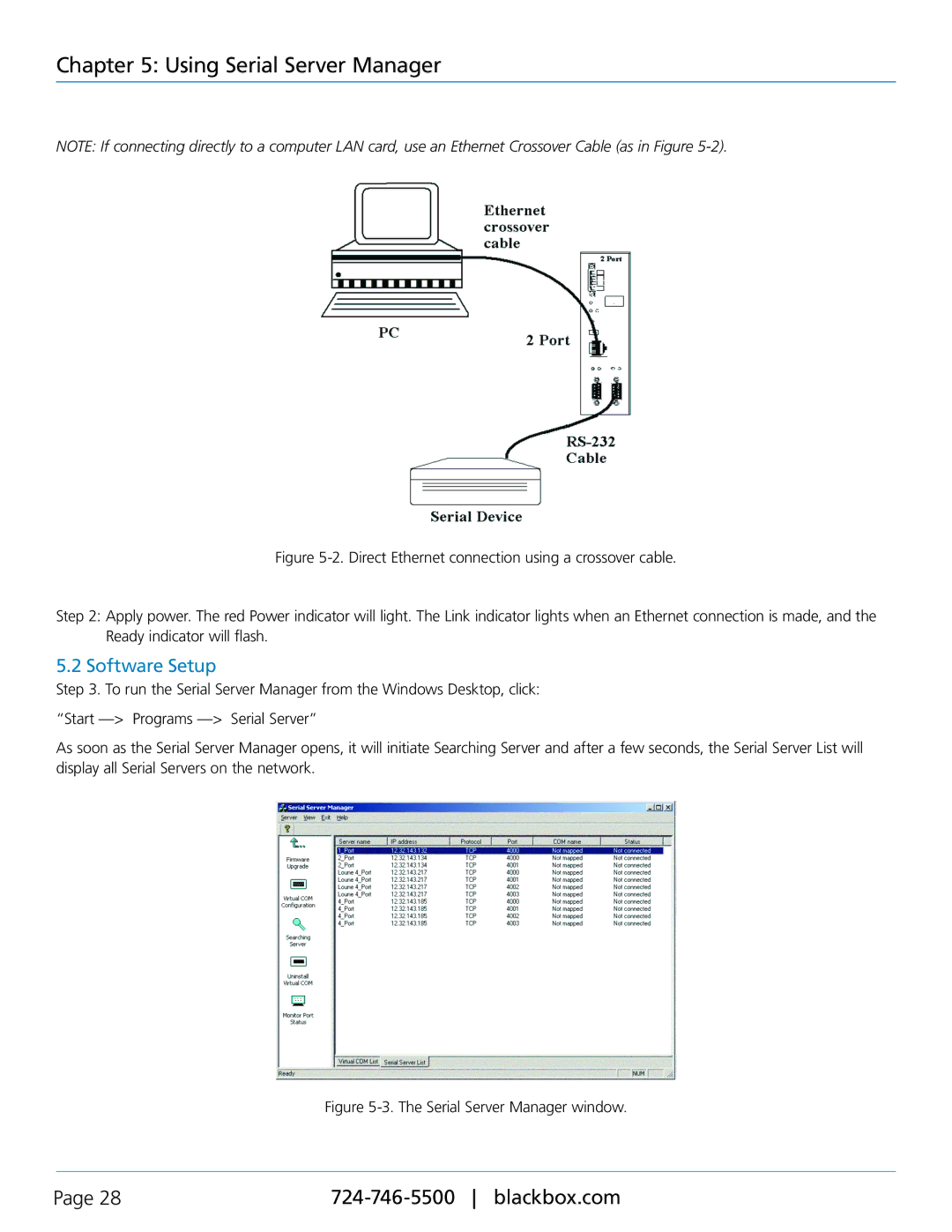 Black Box LES402A, LES404A, LES401A manual Software Setup, Serial Server Manager window 