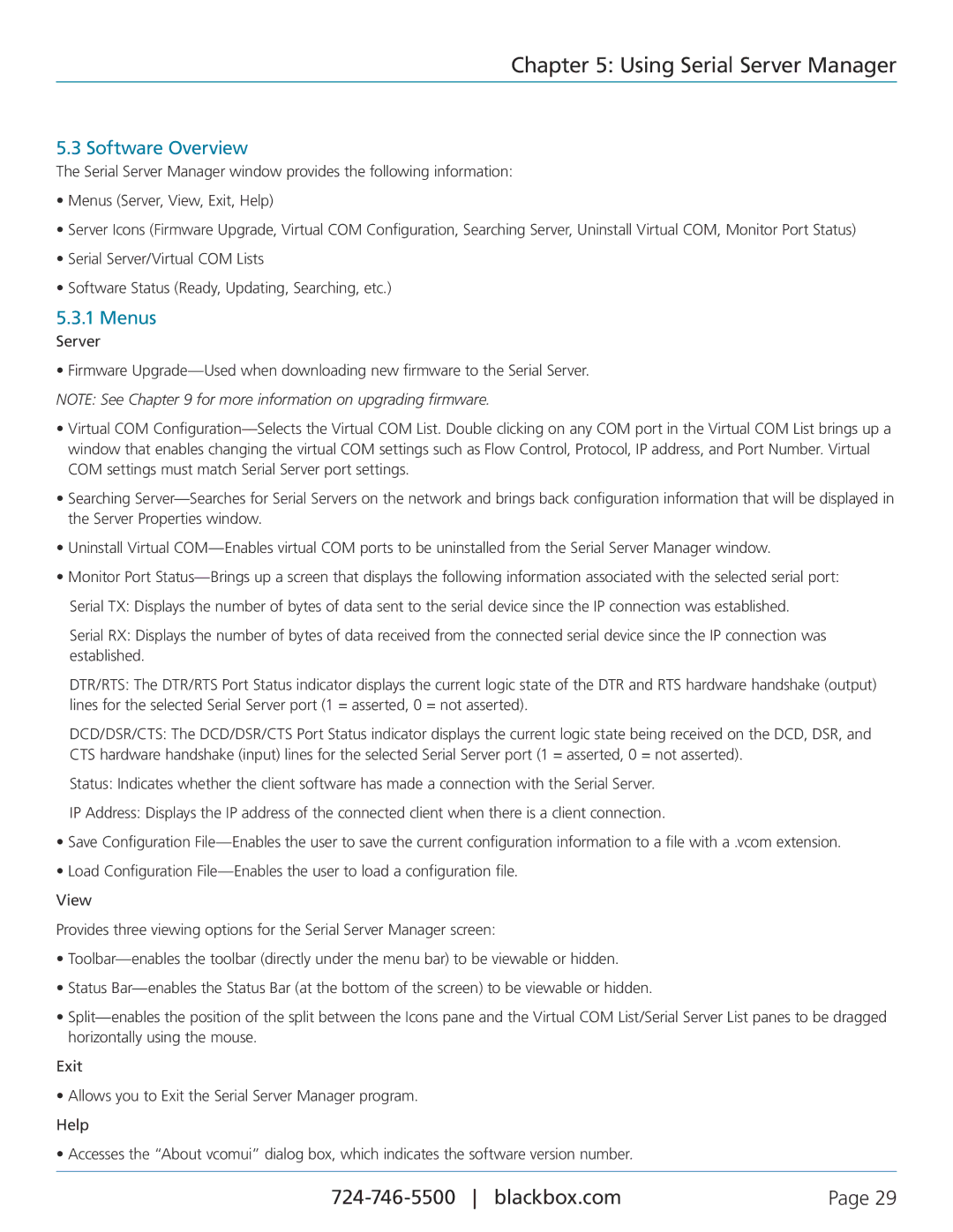 Black Box LES404A, LES402A, LES401A, 1-, 2-, and 4-Port Industrial Ethernet Serial Servers manual Software Overview, Menus 