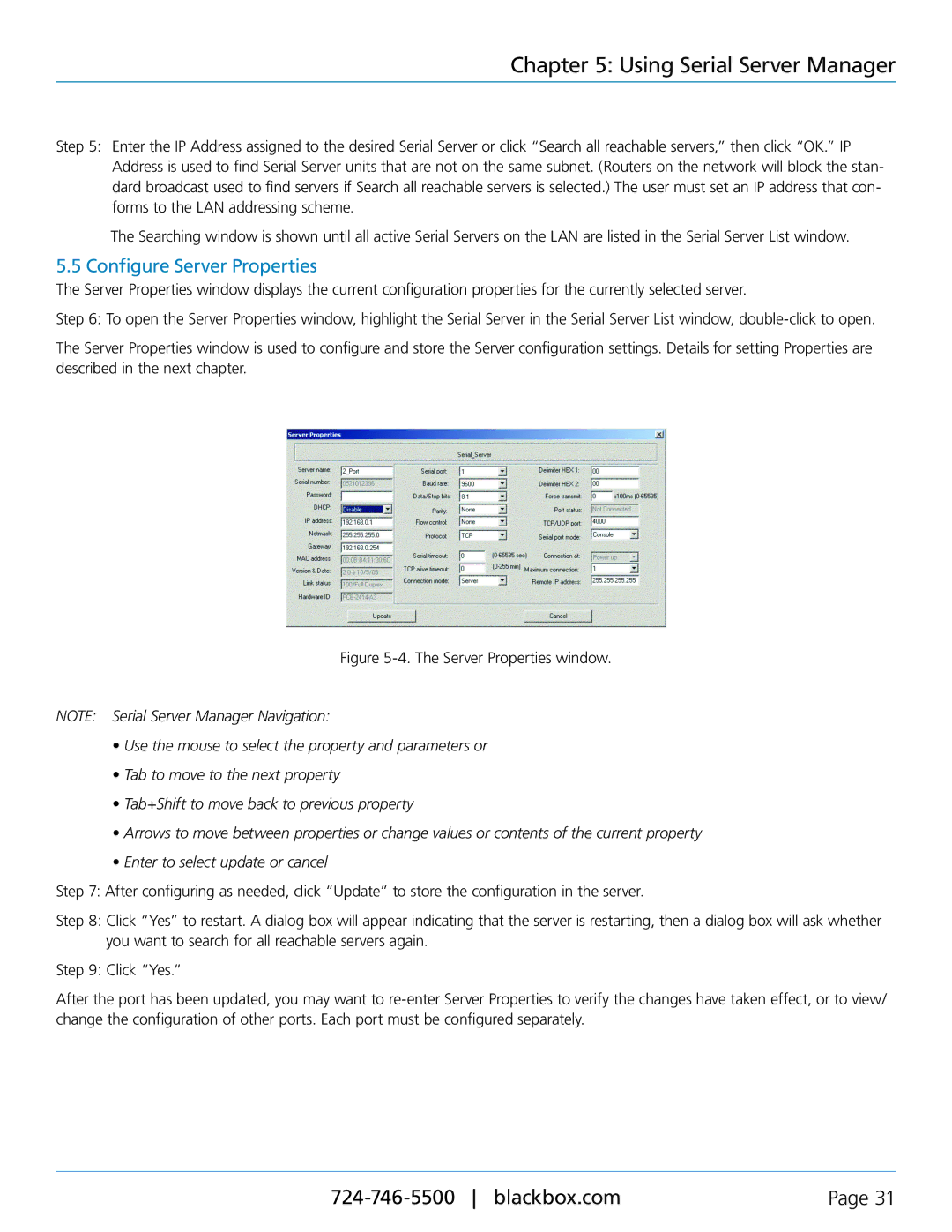 Black Box 1-, 2-, and 4-Port Industrial Ethernet Serial Servers Configure Server Properties, Server Properties window 