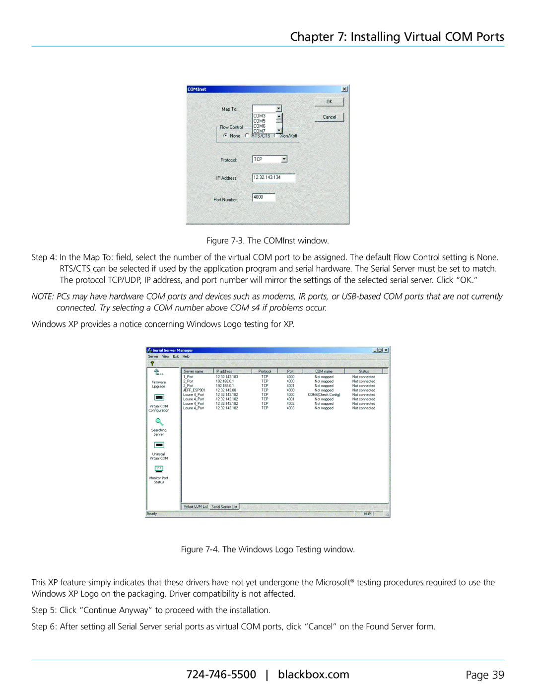 Black Box 1-, 2-, and 4-Port Industrial Ethernet Serial Servers, LES402A, LES404A, LES401A manual COMInst window 