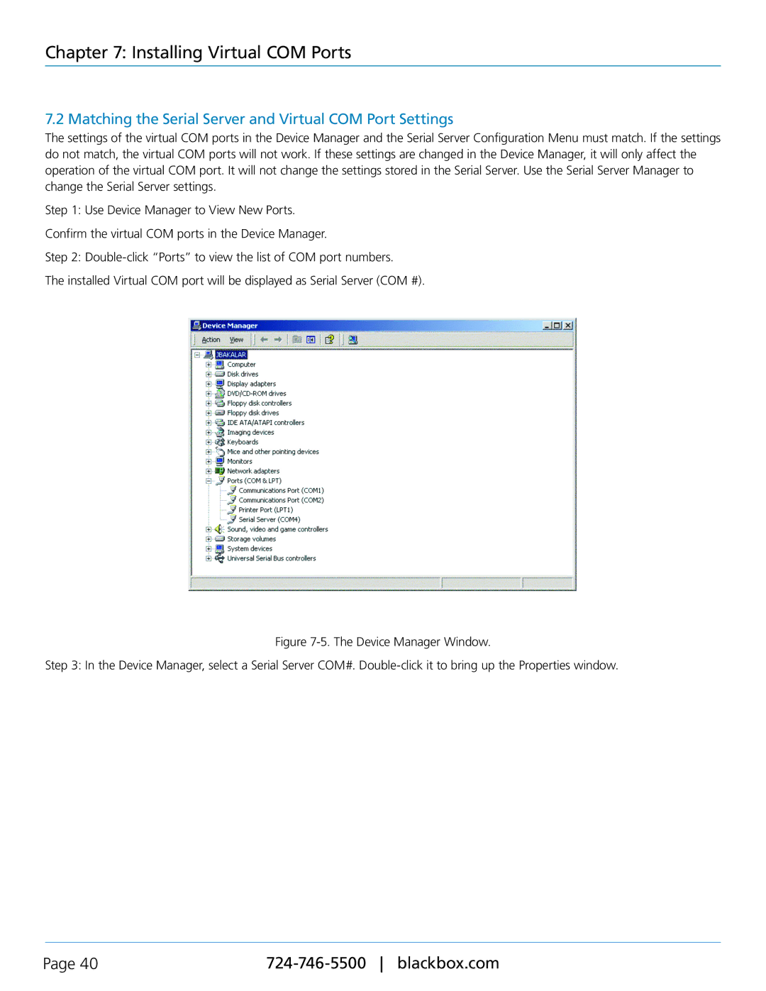 Black Box LES402A, LES404A, LES401A manual Matching the Serial Server and Virtual COM Port Settings 