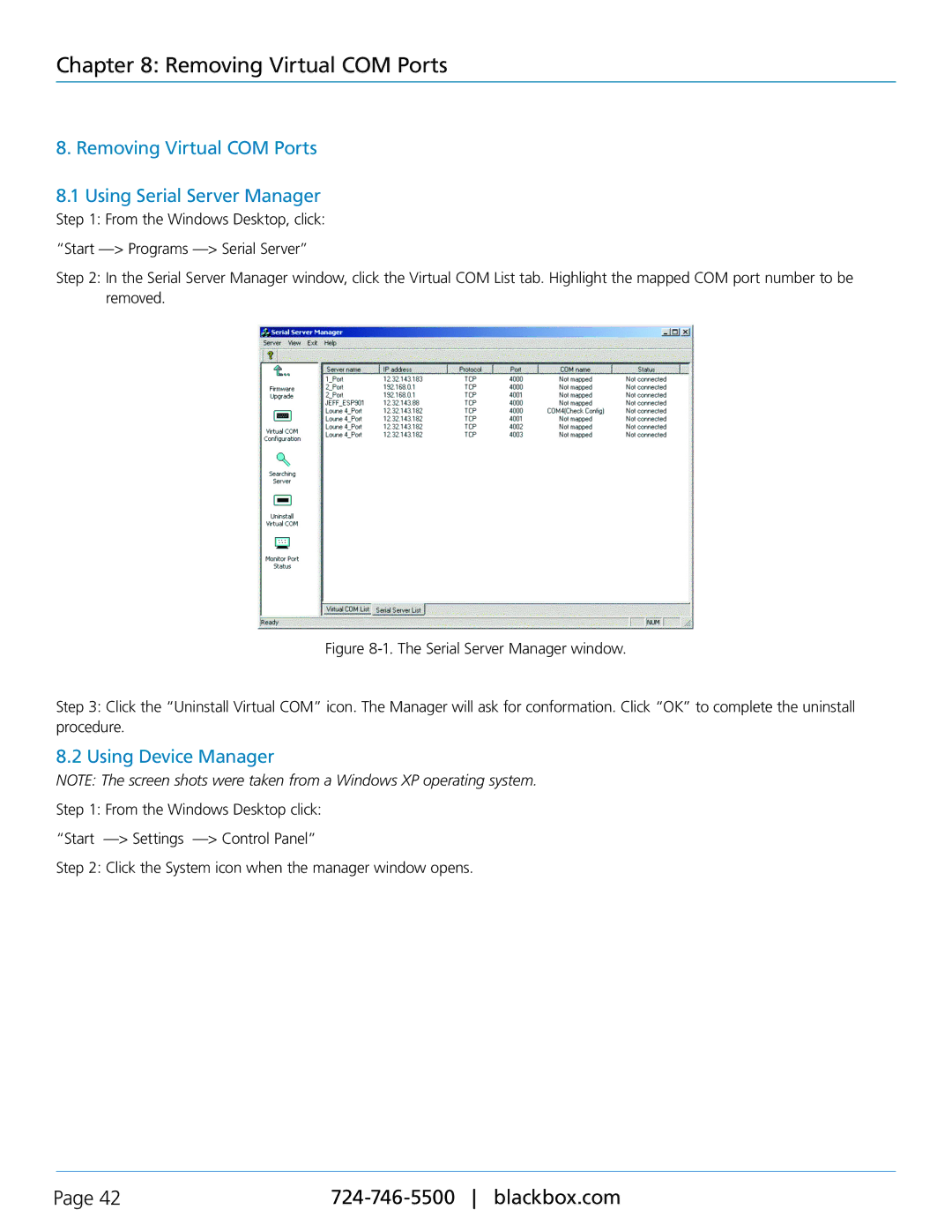 Black Box LES401A, LES402A, LES404A manual Removing Virtual COM Ports Using Serial Server Manager, Using Device Manager 