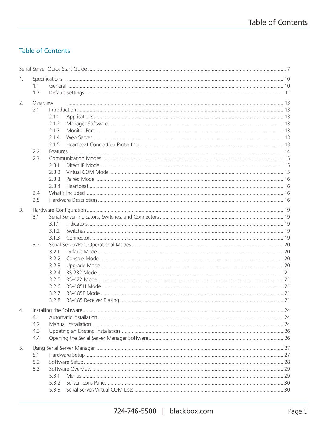 Black Box LES404A, LES402A, LES401A, 1-, 2-, and 4-Port Industrial Ethernet Serial Servers manual Table of Contents 