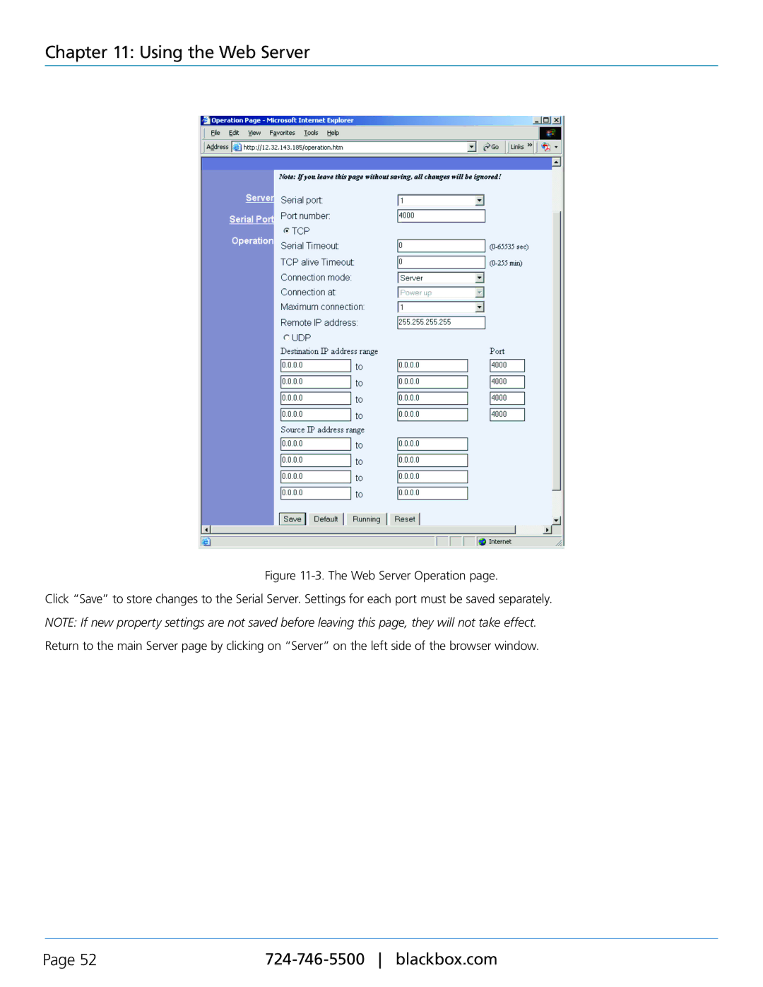 Black Box LES402A, LES404A, LES401A, 1-, 2-, and 4-Port Industrial Ethernet Serial Servers manual Web Server Operation 