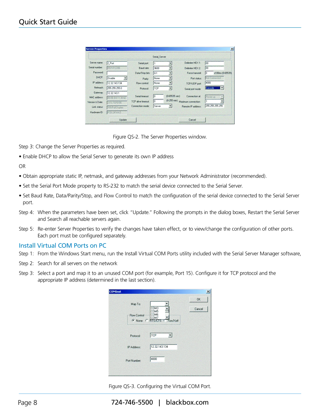 Black Box LES402A, LES404A, LES401A manual Install Virtual COM Ports on PC, Figure QS-3. Configuring the Virtual COM Port 