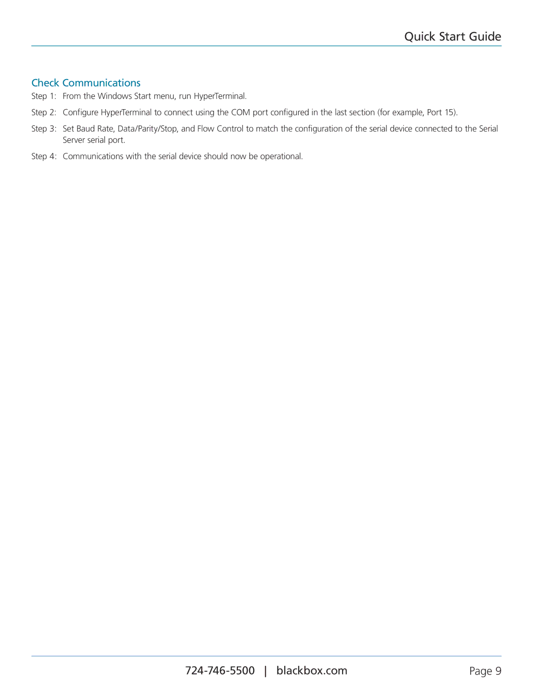 Black Box LES404A, LES402A, LES401A, 1-, 2-, and 4-Port Industrial Ethernet Serial Servers manual Check Communications 