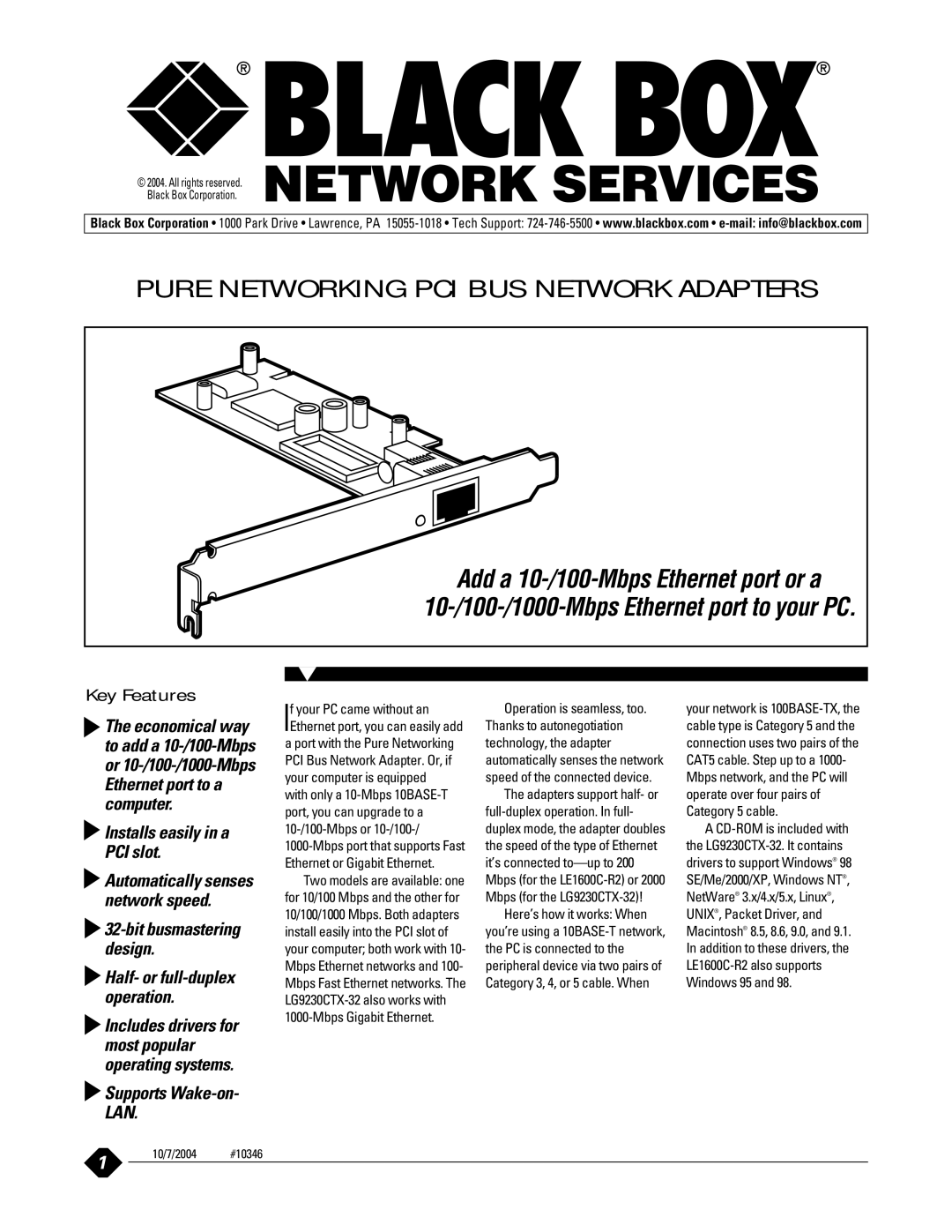 Black Box LG9230CTX-32 manual Key Features, Installs easily in a PCI slot, Supports Wake-on- LAN 