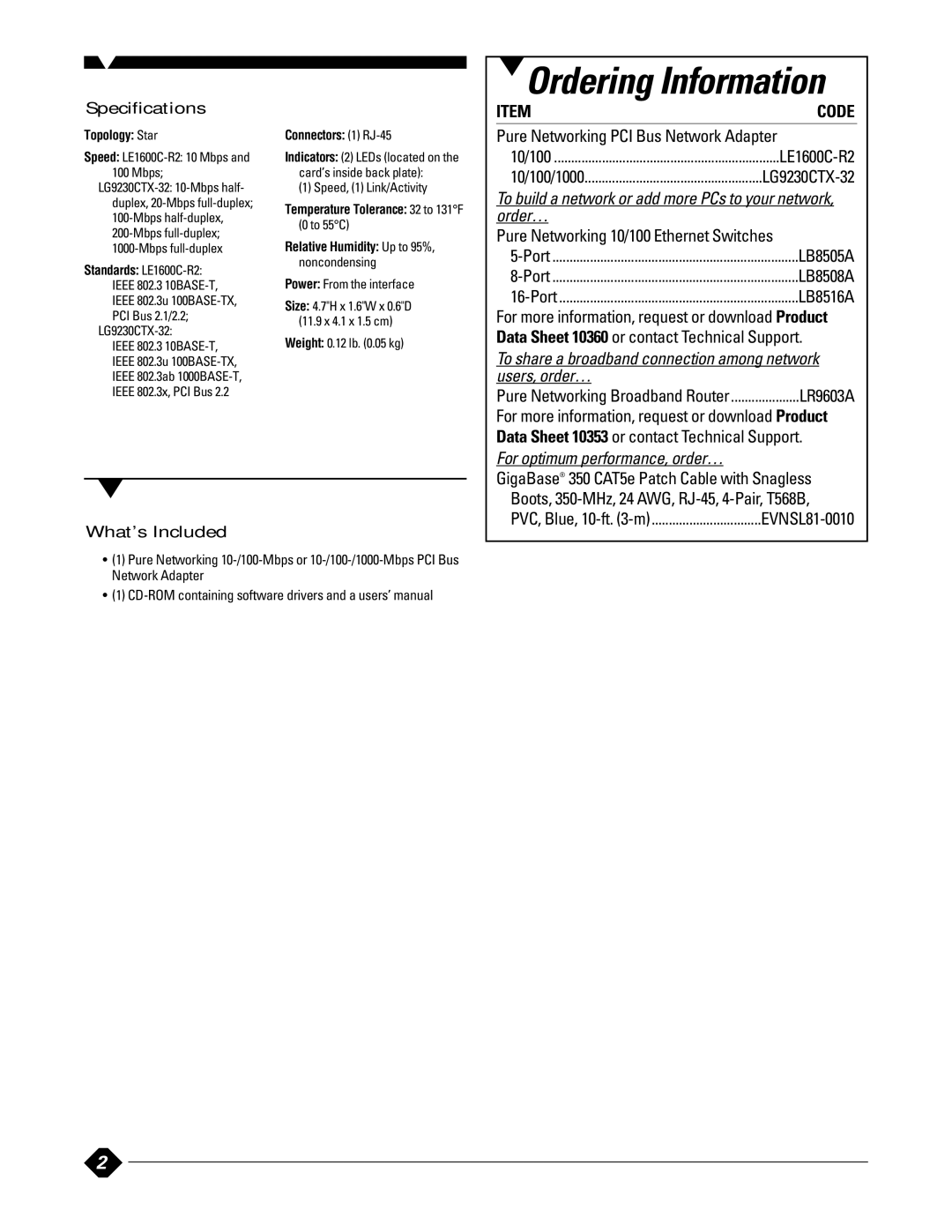 Black Box LG9230CTX-32 manual Specifications, To build a network or add more PCs to your network, order…, Users, order… 