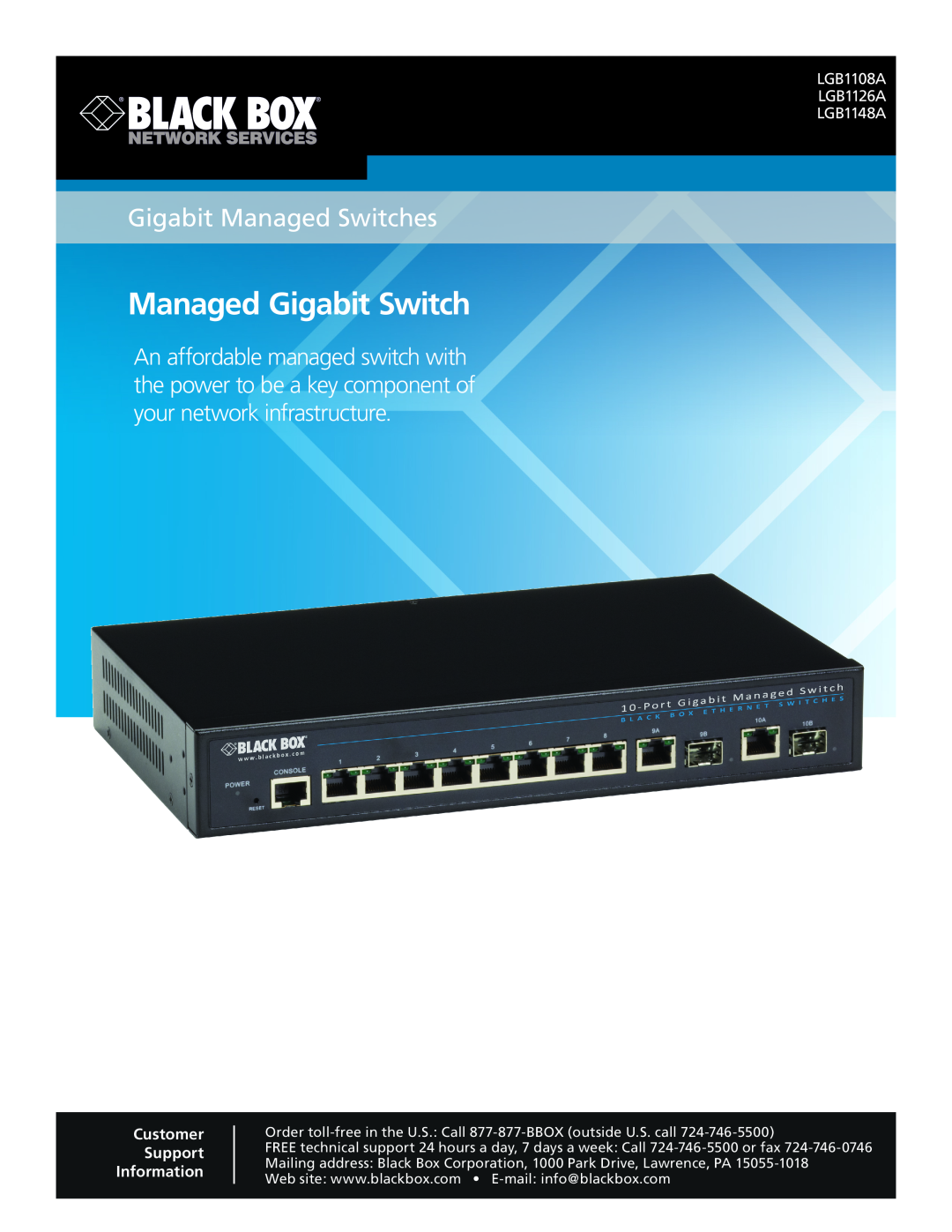 Black Box manual Managed Gigabit Switch, Gigabit Managed Switches, LGB1108A LGB1126A LGB1148A 