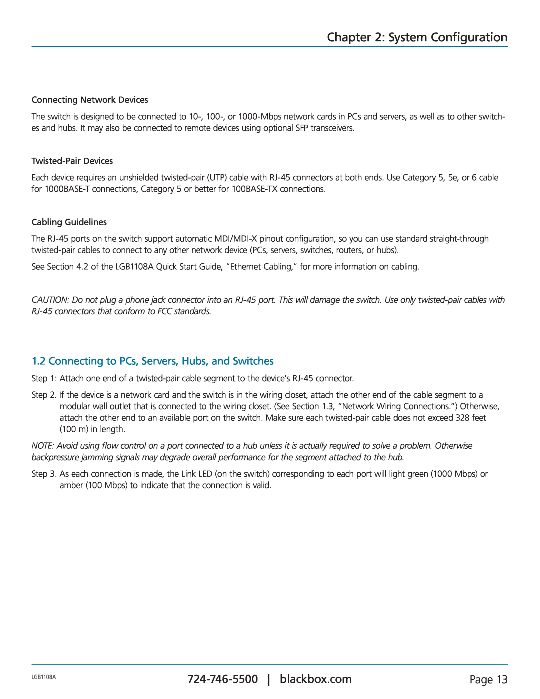 Black Box LGB1148A, LGB1126A, LGB1108A manual Connecting to PCs, Servers, Hubs, and Switches, System Configuration, Page 