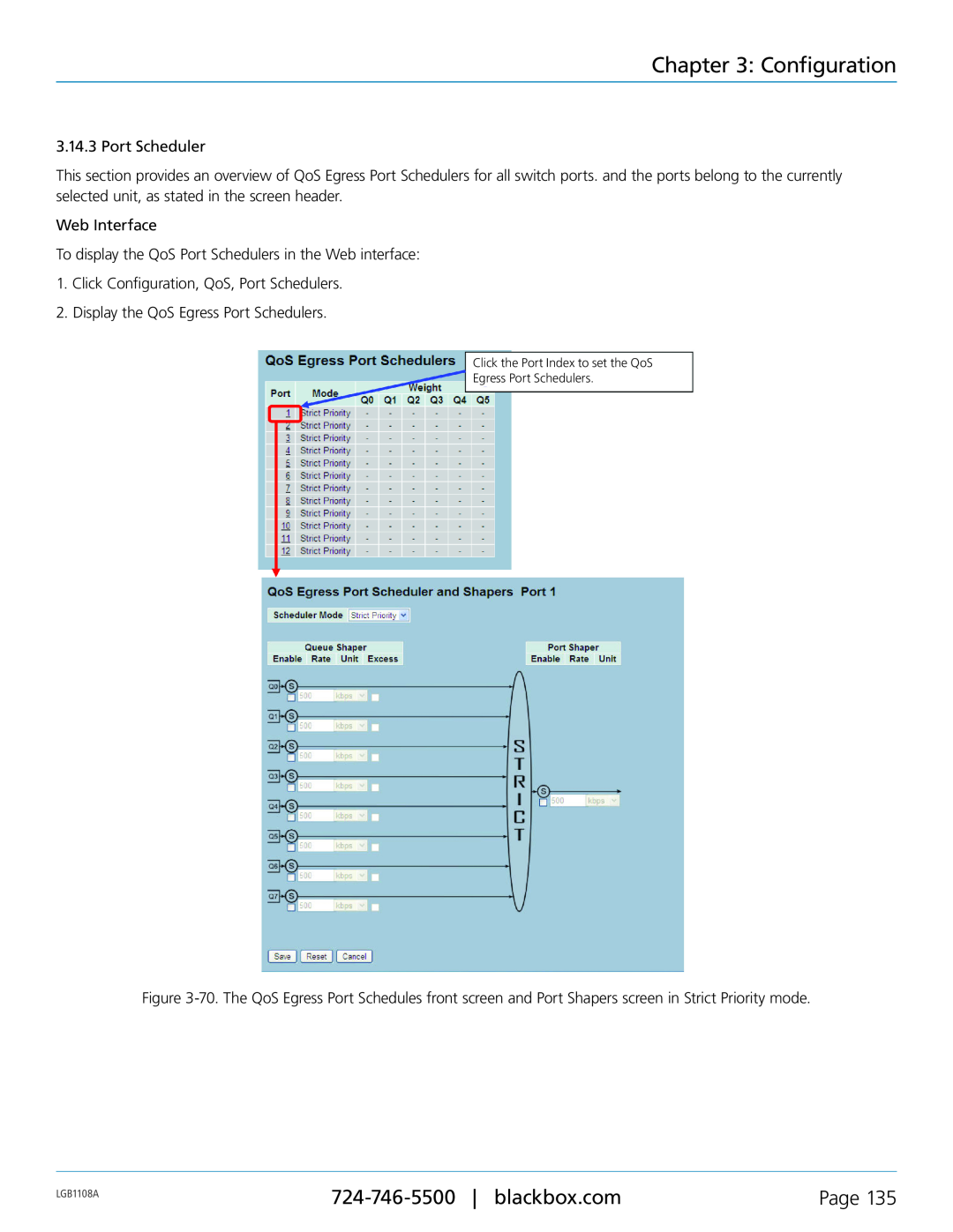 Black Box LGB1108A, LGB1126A, LGB1148A manual Configuration, Page, Click the Port Index to set the QoS Egress Port Schedulers 