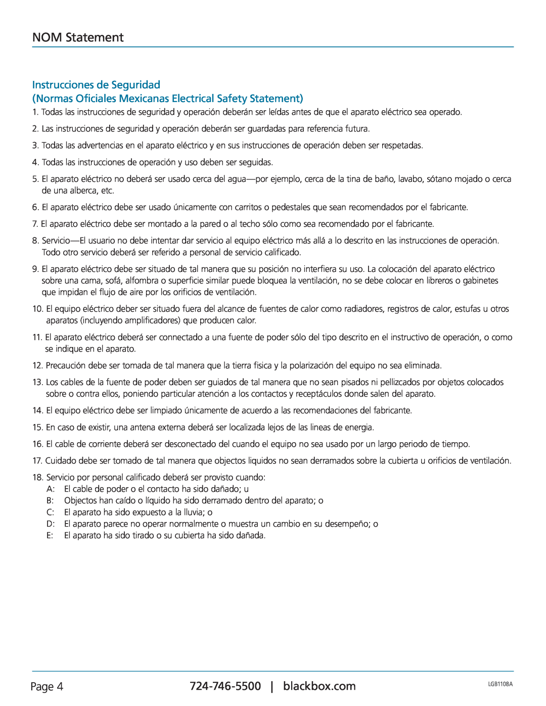 Black Box LGB1126A NOM Statement, Instrucciones de Seguridad, Normas Oficiales Mexicanas Electrical Safety Statement, Page 