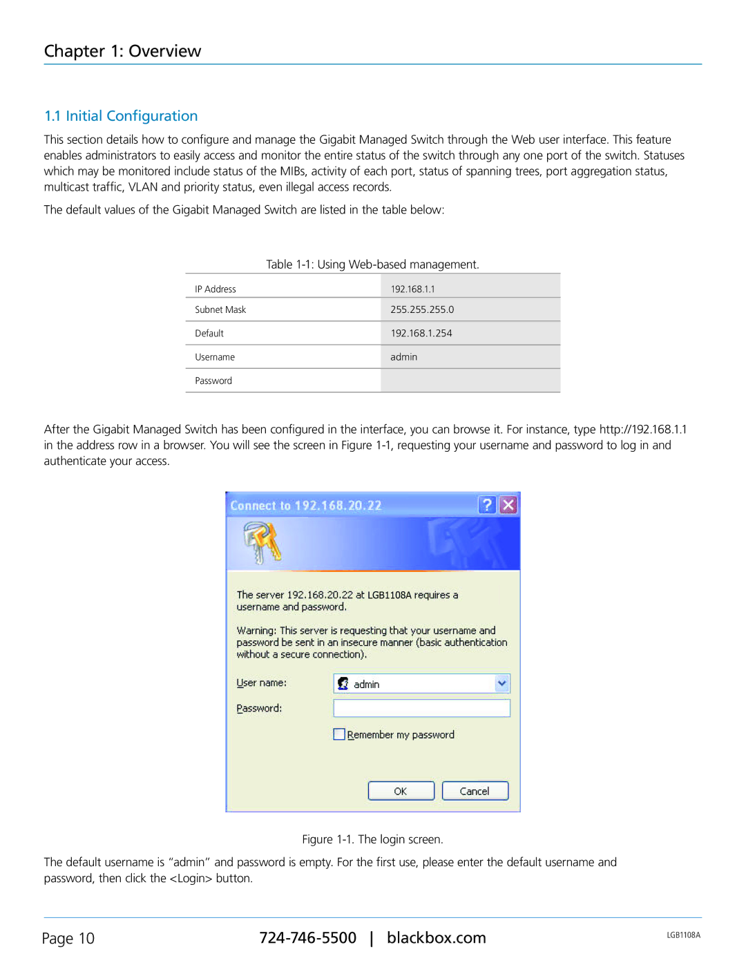 Black Box Managed Gigabit Switch, LGB1126A, LGB1148A, LGB1108A manual Initial Configuration 