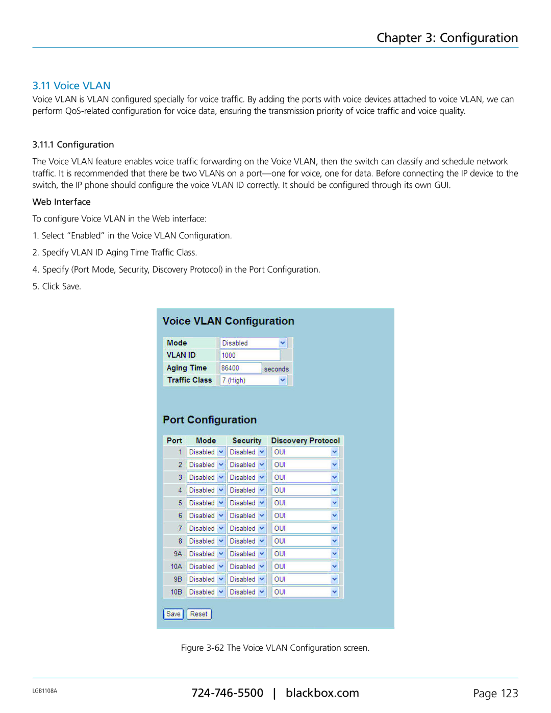 Black Box LGB1108A, LGB1126A, LGB1148A, Managed Gigabit Switch manual The Voice Vlan Configuration screen 