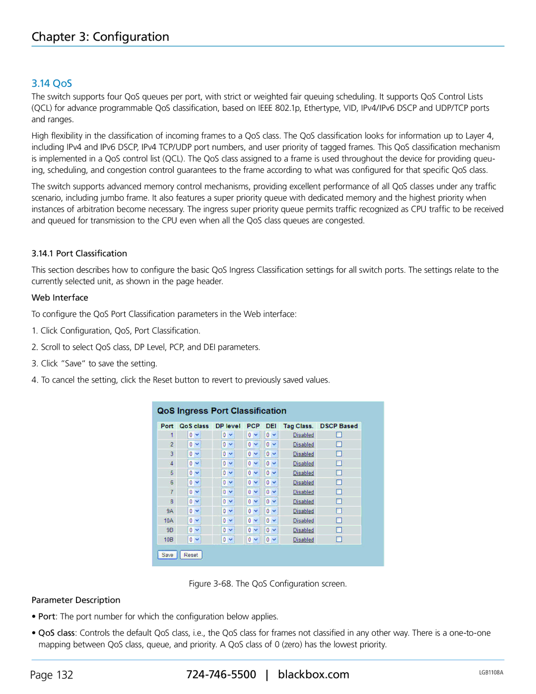 Black Box LGB1126A, LGB1148A, Managed Gigabit Switch, LGB1108A manual 14 QoS 