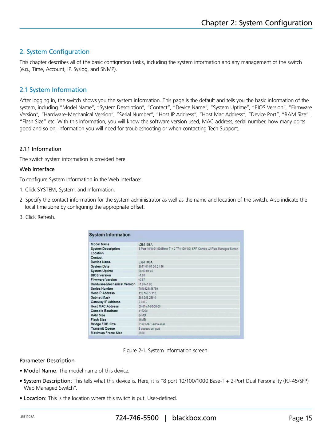 Black Box LGB1108A, LGB1126A, LGB1148A, Managed Gigabit Switch manual System Configuration, System Information 