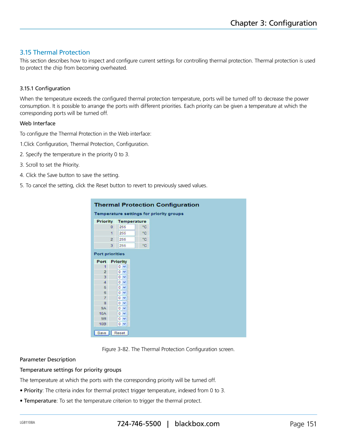Black Box LGB1108A, LGB1126A, LGB1148A, Managed Gigabit Switch manual Thermal Protection 