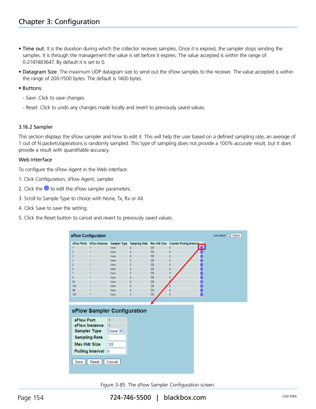 Black Box Managed Gigabit Switch, LGB1126A, LGB1148A, LGB1108A manual The sFlow Sampler Configuration screen 