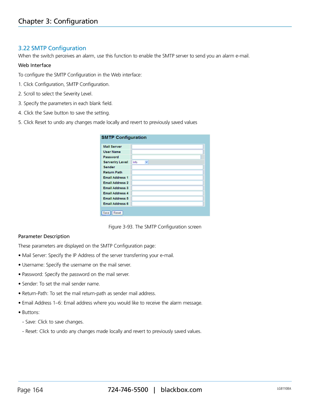 Black Box LGB1126A, LGB1148A, Managed Gigabit Switch, LGB1108A manual Smtp Configuration 