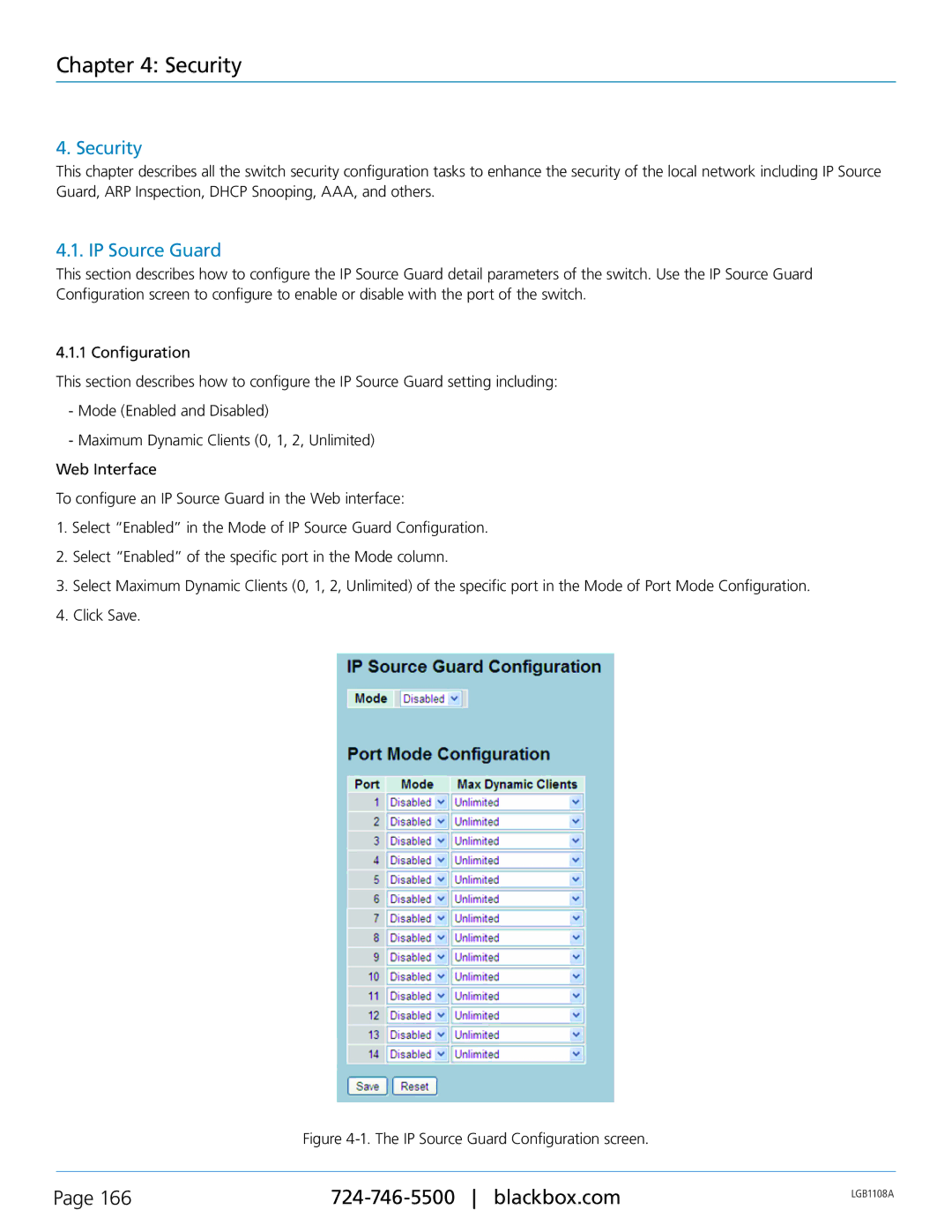 Black Box Managed Gigabit Switch, LGB1126A, LGB1148A, LGB1108A manual Security, IP Source Guard 