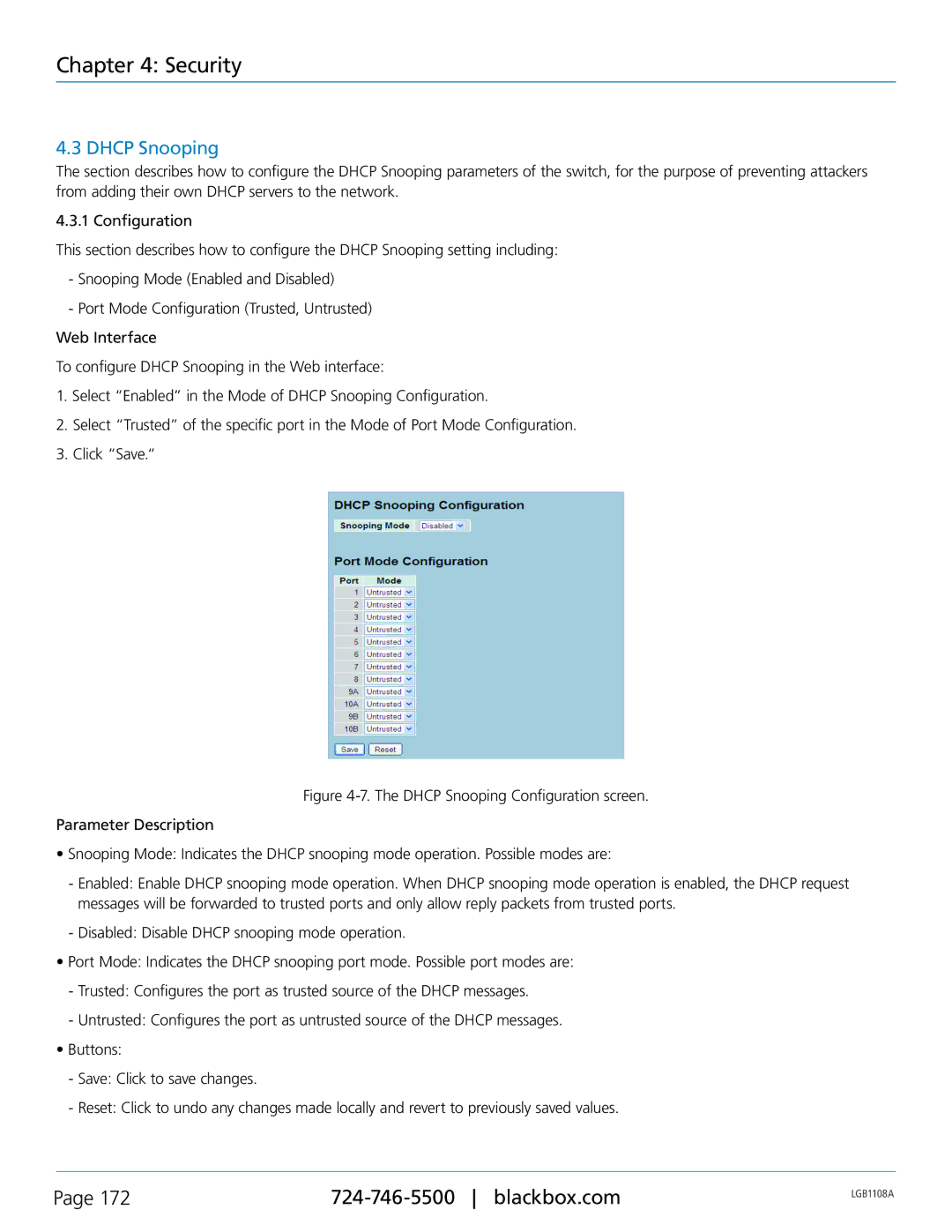 Black Box LGB1126A, LGB1148A, Managed Gigabit Switch, LGB1108A manual Dhcp Snooping 