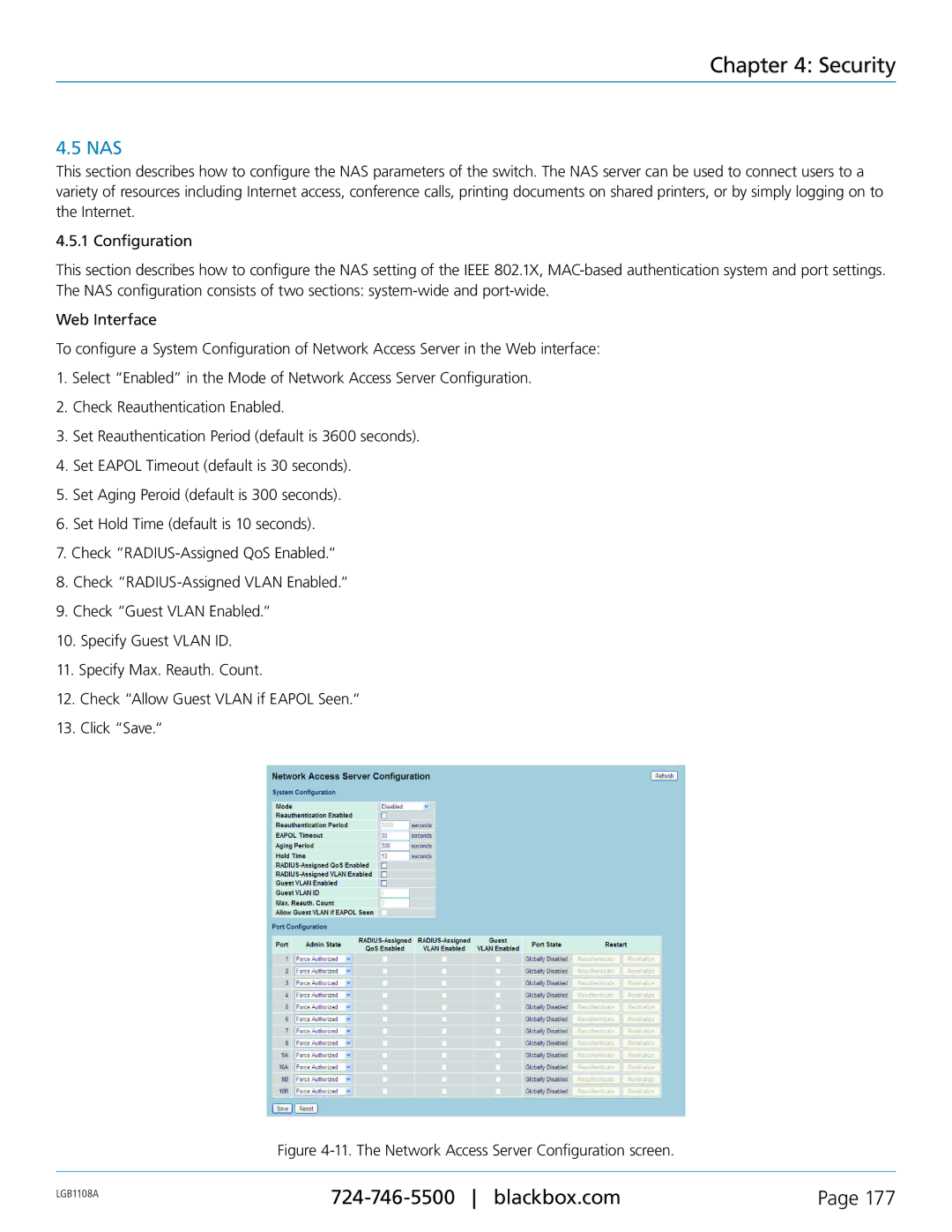 Black Box LGB1148A, LGB1126A, Managed Gigabit Switch, LGB1108A manual Nas, The Network Access Server Configuration screen 